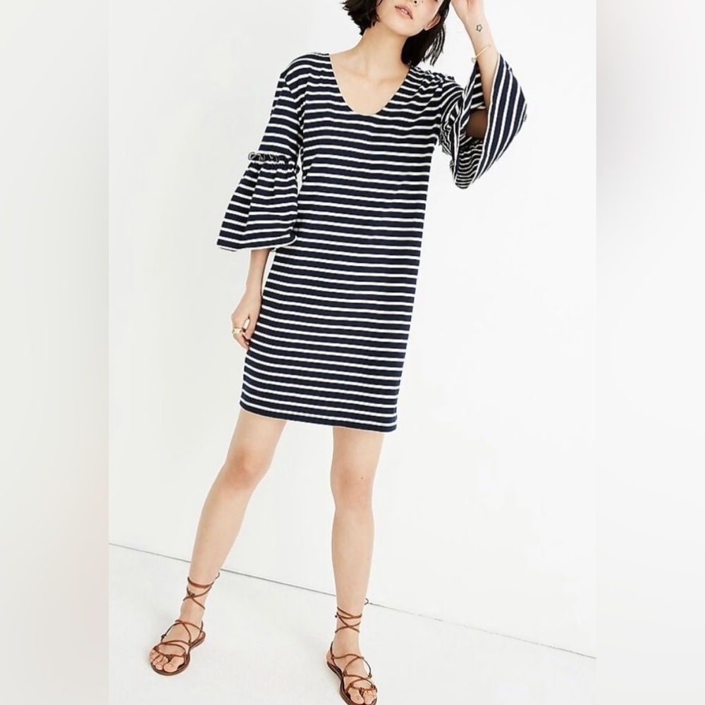 Madewell Striped Ruffle Bell Sleeve Mini Dress Women’s M Navy White Nautical